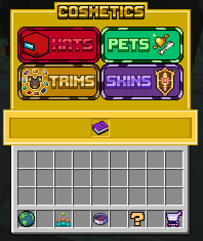 The in-game MCManhunt cosmetics shop menu where gems are spent on weapon skins, mounts and hats