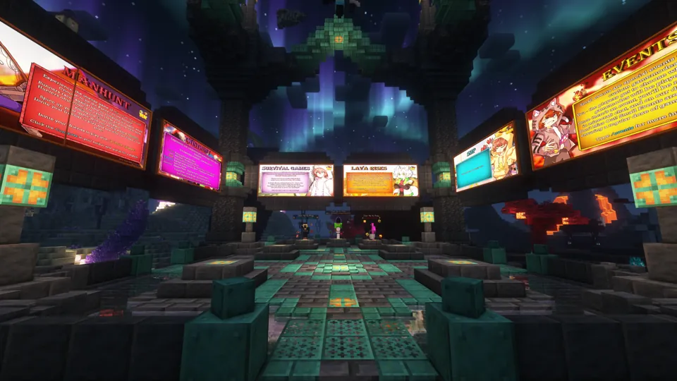 The MCManhunt lobby game-mode select area, with billboards for Manhunt, Lava Rises and Events